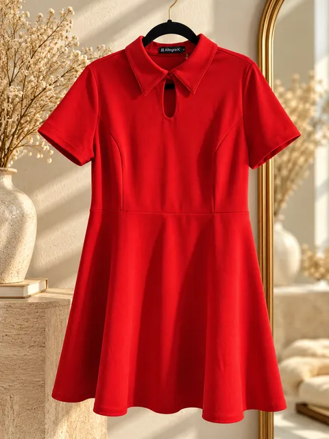 Allegra K Fit And Flare Turndown Collared Keyhole Dress Red XS