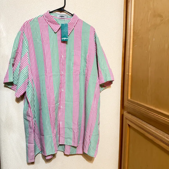 Vatpavé Striped Short Sleeve Button-Up Shirt 3XL Pink Green