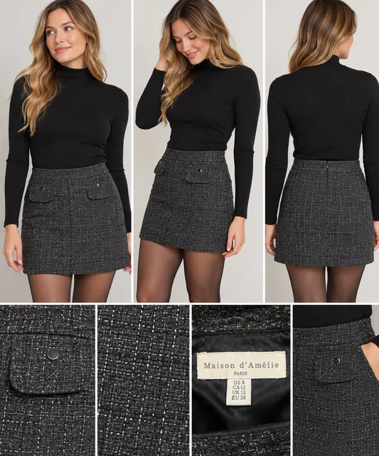 Maison D'Amélie Tweed Skirt Size US 8 Black Pocket Wool Blend