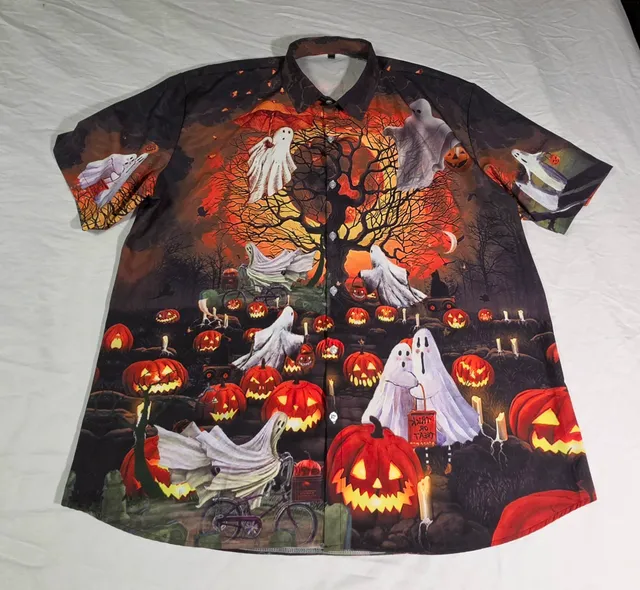 Halloween Spooky Ghost Pumpkin Short Sleeve Button Down Shirt XXL