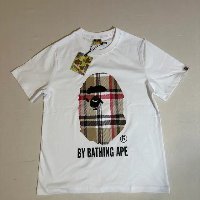 A Bathing Ape Bape Ape Head Plaid White T-Shirt Size S