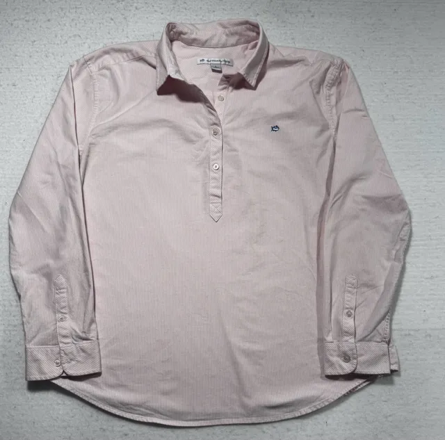 Southern Tide Women’s Half Button Popover Shirt Size L Pink Stripe