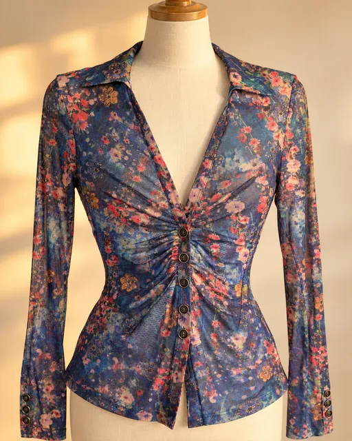 Natural Life S Floral Sheer Mesh Ruched Button Front Top Y2K Whimsigoth Boho