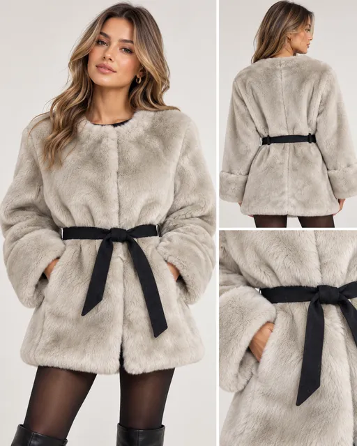 Women’s Gap Faux Fur Belted Coat Size Small Taupe Grey