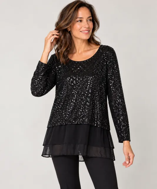 Eileen Fisher Black Sequin Long Sleeve Top with Sheer Layered Hem, Size PP