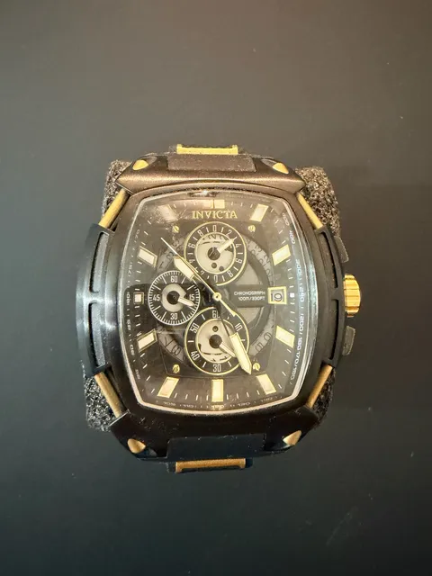 Invicta Chronograph Black And Gold Tonneau Watch