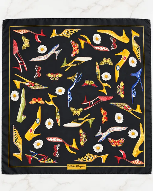 Salvatore Ferragamo Silk Scarf Black Shoe Butterfly Print