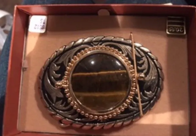Western Belt Buckle Tigers Eye Stone Silver Gold Tone In Box