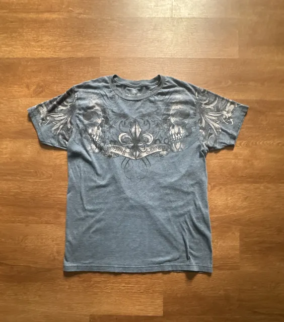 Helix Skull Cross Graphic T-Shirt Size M Blue Y2K Grunge