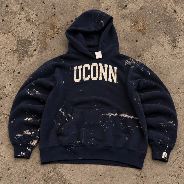 Champion UConn Huskies Hoodie Paint Splatter Blue Pullover Sweatshirt