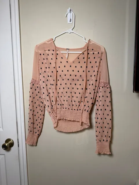 Free People Polka Dot Blouse Size XS Pink Black Long Sleeve Sheer