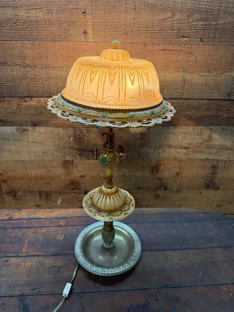 Vintage Slag Glass Boudoir Table Lamp Floral Art Deco Style