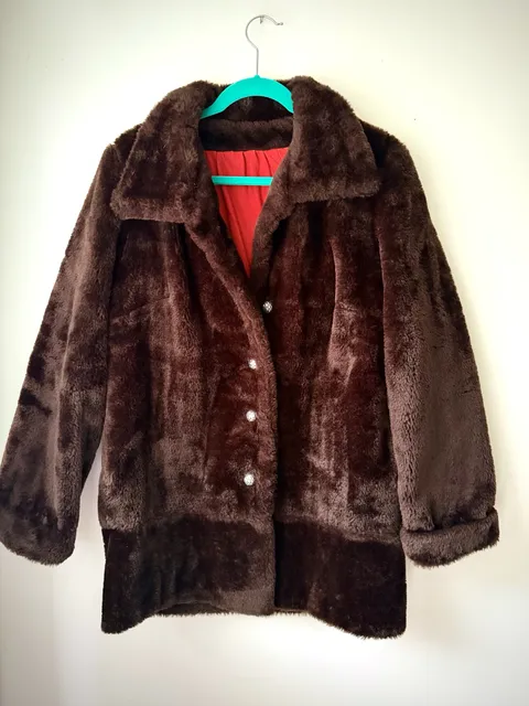 Vintage Chocolate Brown Plush Faux Fur Jacket Statement Collar Red Lining M