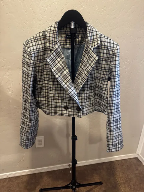 PrettyLittleThing Plaid Blazer Size US 6 UK 10 Cropped Blue Black White