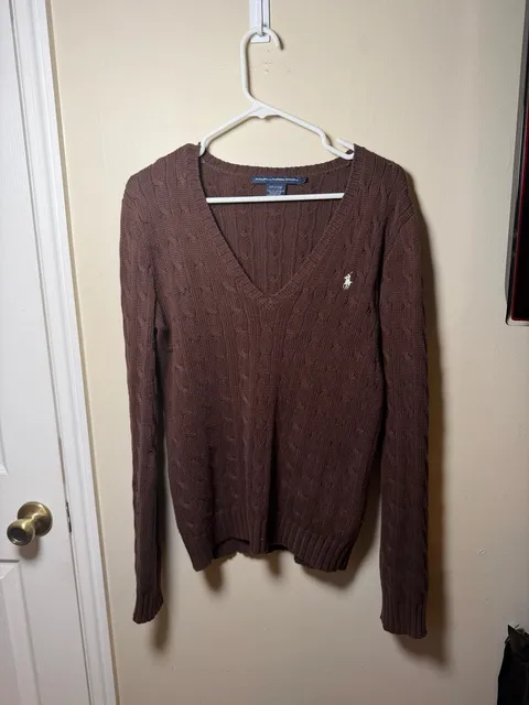 Ralph Lauren Sport Cable Knit V-Neck Sweater Size L Brown