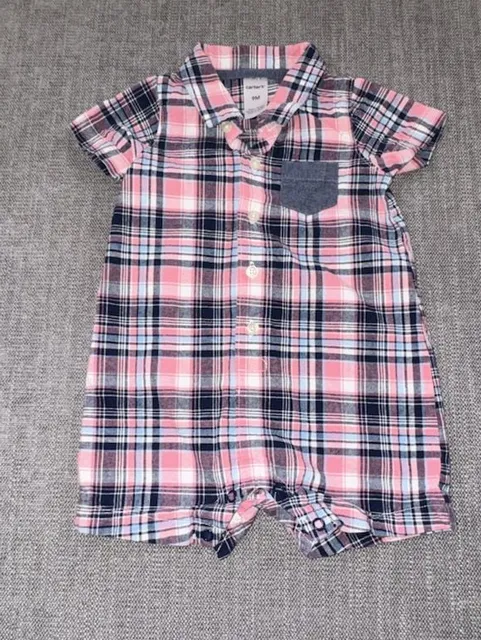 Carter's Plaid Romper Size 9M Pink Blue Short Sleeve Button Front