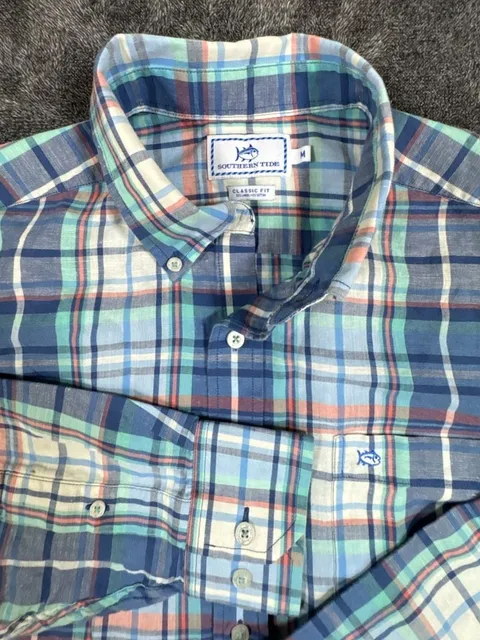 Southern Tide Plaid Classic Fit Sport Shirt Size M Blue