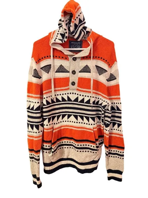 American Eagle Knit Hoodie Sweater Orange White Black Aztec Pattern