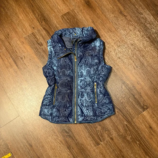 Desigual Puffer Vest Size M Blue Paisley Quilted Full Zip Velvet Look