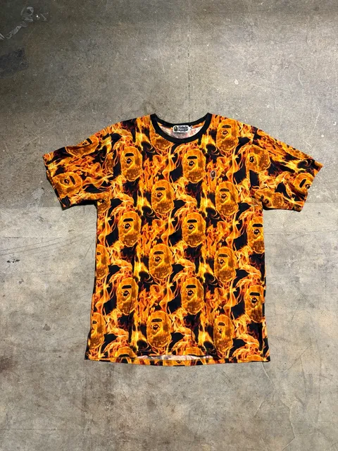A Bathing Ape Bape Flame T-Shirt Size XL Orange Fire Ape Head Graphic