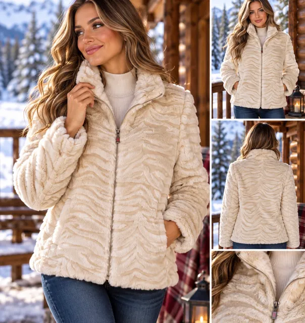 Kristen Blake Women’s M Faux Fur Jacket Tan Cream Animal Print Full Zip Coat