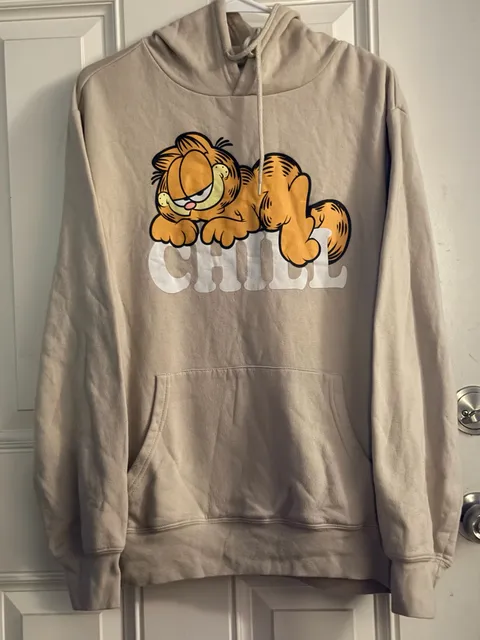 Nickelodeon Garfield “CHILL” Hoodie – Unisex / Men’s Style Size Medium Tan. Medium Beige Pullover Sweatshirt