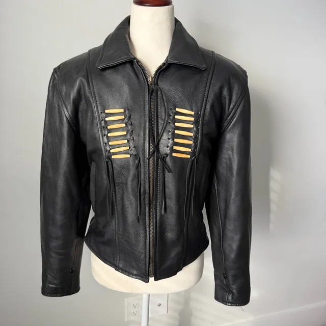 Force Leather Apparel Jacket Size 8 Black Beaded Bone Fringe Western