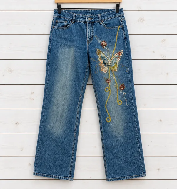 Venezia Butterfly Embroidered Jeans Size 16 Blue Y2K Beaded