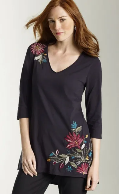 Johnny Was JWLA Embroidered Tunic Size M Black Floral Boho Western Dark Romance