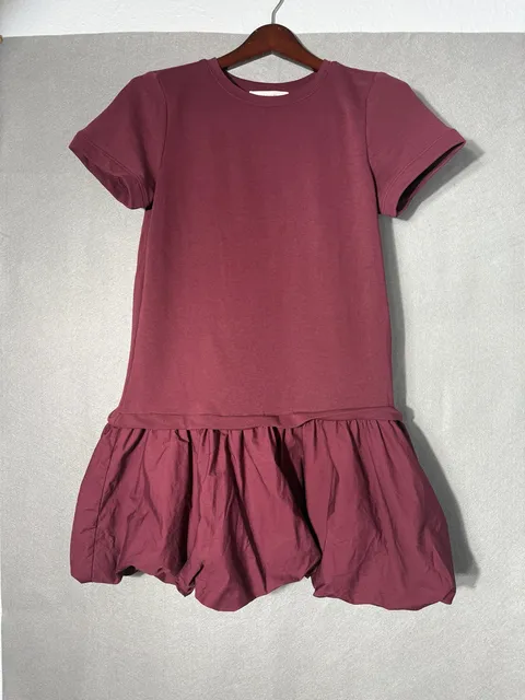 LOFT Dress Size S Burgundy Short Sleeve Bubble Hem
