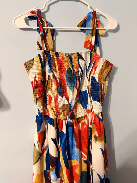 PRETTYGARDEN Maxi Dress Size L Multicolor Abstract Print Smocked Tie Strap