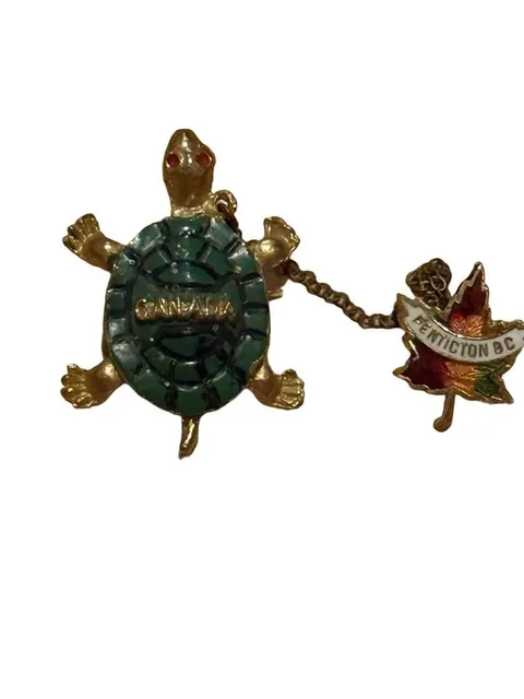 Vintage Penticton BC Canada Turtle Maple Leaf Brooch