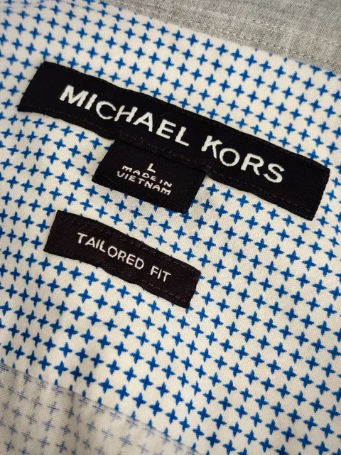 Michael Kors Long Sleeve Button Down Shirt Size L Blue Micro Print-Tailored Fit