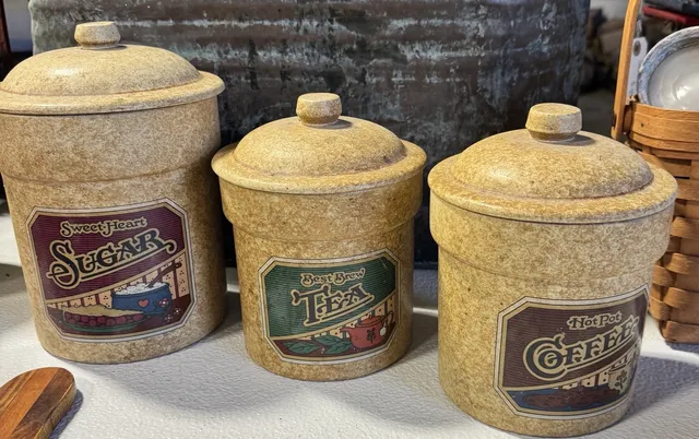 Vintage Kitchen Canister Set 3 Sugar Coffee Tea Tan Country Farmhouse With Lids