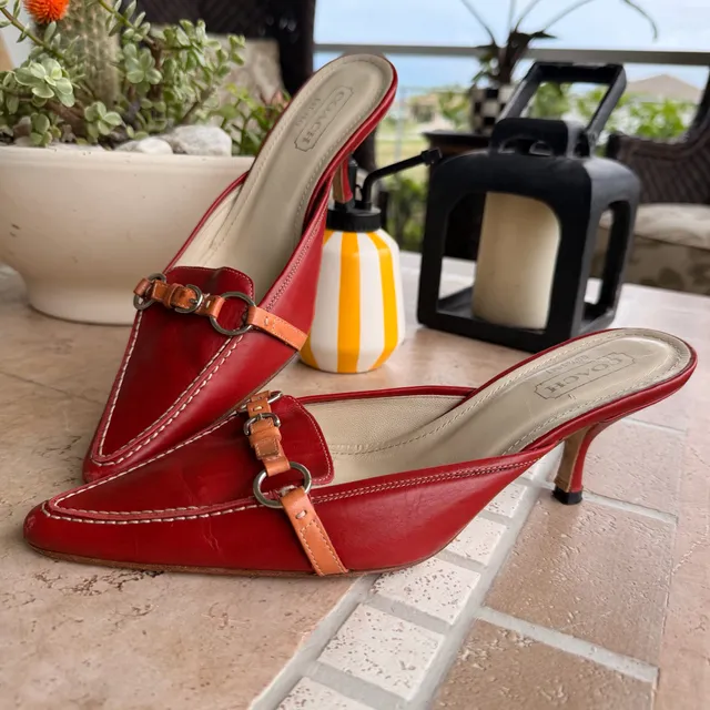 Vintage Y2K Coach Italian Red Leather Pointed Toe Kitten Heel Mules Buckle Strap Size 8.5B