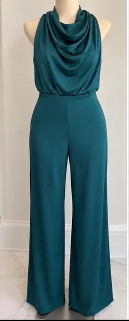 Satin Tie Halter Cowl Neck Wide Leg Jumpsuit