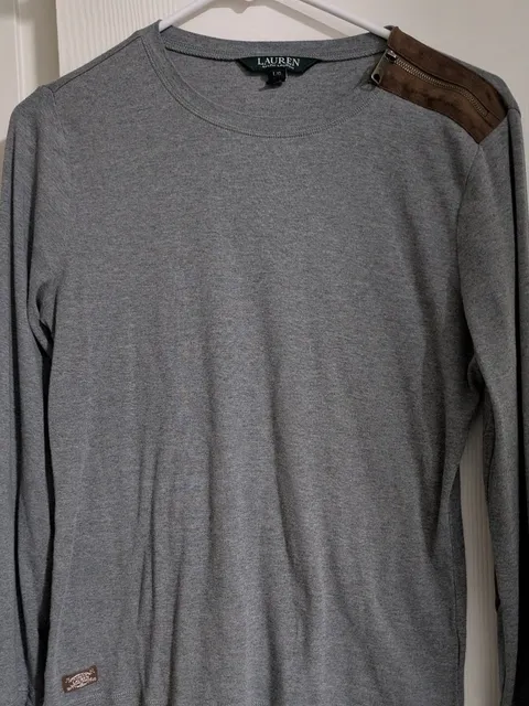 Lauren Ralph Lauren Long Sleeve Top Size L Gray Brown Suede Accents