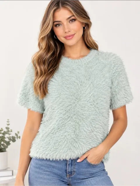 a new day Plush Faux-Fur Short Sleeve Crewneck Top - Mint S