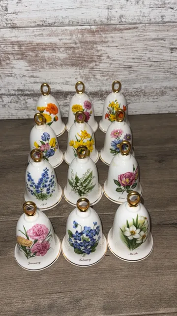 Complete 12-Piece Vintage D. Hague "Flower of the Month" Bone China Bell Collection (1981-1982)