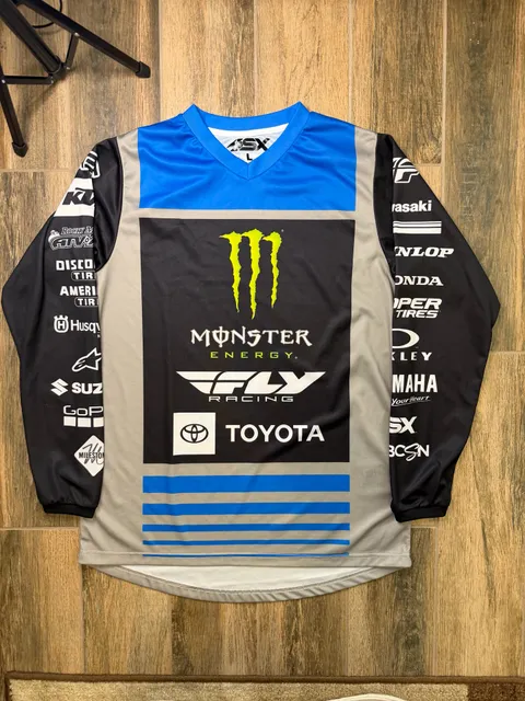 Monster Energy Fly Racing Motocross Jersey Black Blue Men L Dirtbike Moto X