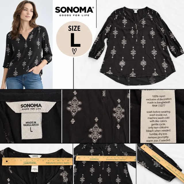 Sonoma Goods For Life Black Embroidered Printed Blouse Size L Boho Top