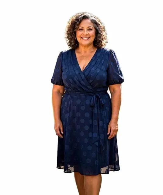 DKNY Women's Midnight Navy Blue Textured Polka Dot Faux-Wrap Short Sleeve Dress
