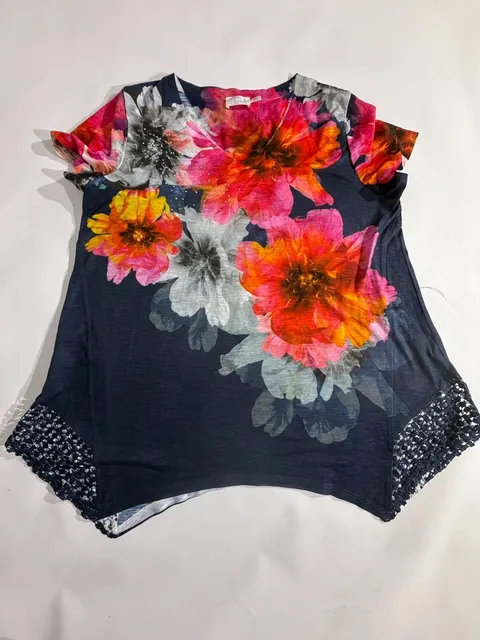 Time and Tru Navy Floral Crochet Sleeve Boat Neck Top L 12-14