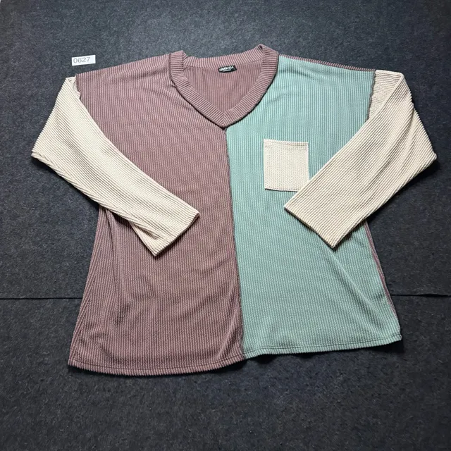 Heimish USA Colorblock V-Neck Waffle Knit Top Size L Long Sleeve Pocket