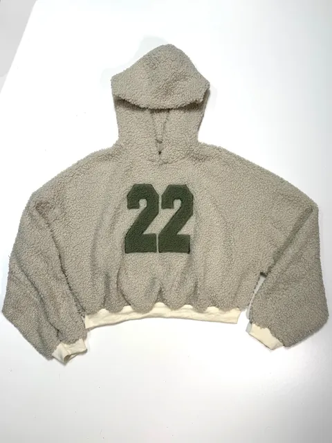 Missguided Women's Hoodie M Varsity Gorpcore Y2K Preppy Streetwear Cropped Sherpa Teddy Fleece Cream Olive Green 22 Patch Oversized Pullover Rib Hem Cuffs Fuzzy Cozy