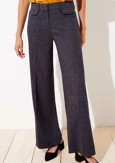 LOFT 8T Tall Women’s High Rise Trouser Pants Navy White Houndstooth Wide Leg