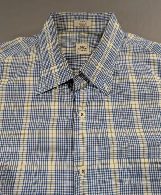Peter Millar Plaid Button Down Shirt Size L Blue and Green Cotton Long Sleeve