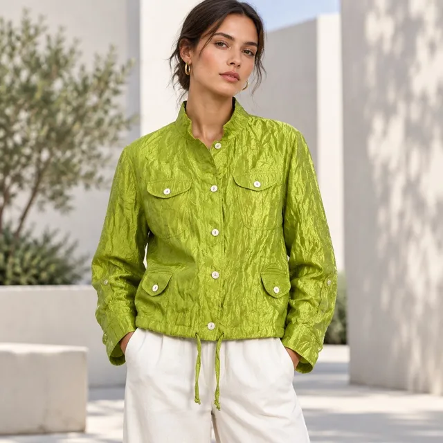 Linea Jacket Size XL Green Crinkled Utility Button Down Drawstring Waist