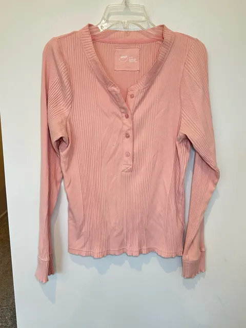 Aerie Long Sleeve Ribbed Henley Top Size XL Pink Cotton