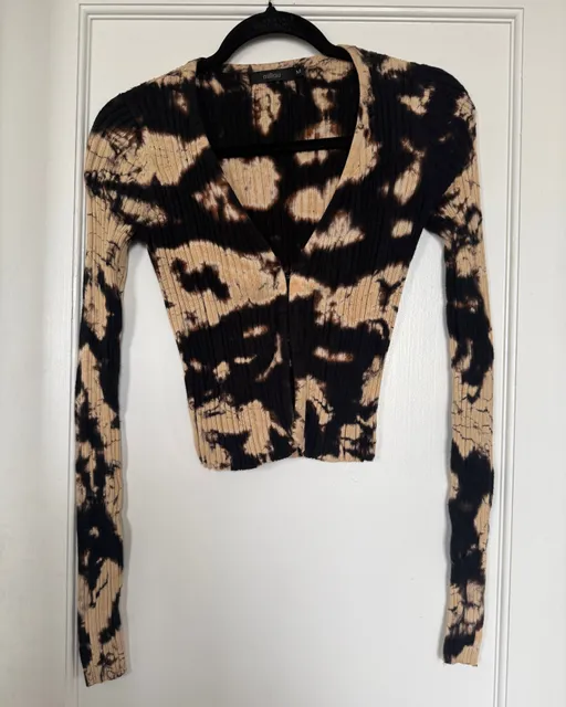 millau Cardigan Size M Black Beige Bleach Tie Dye Ribbed Knit Crop Sweater